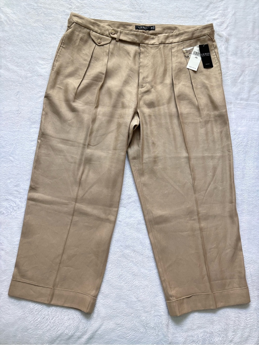 RALPH LAUREN Pleated Wide Leg Cropped Cuffed Linen Blend Tan Trousers--NWT--18W